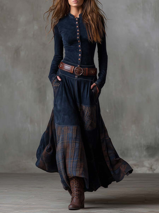 Avery™ Plaid Paneled Vintage Suede Maxi Dress(with free belt)